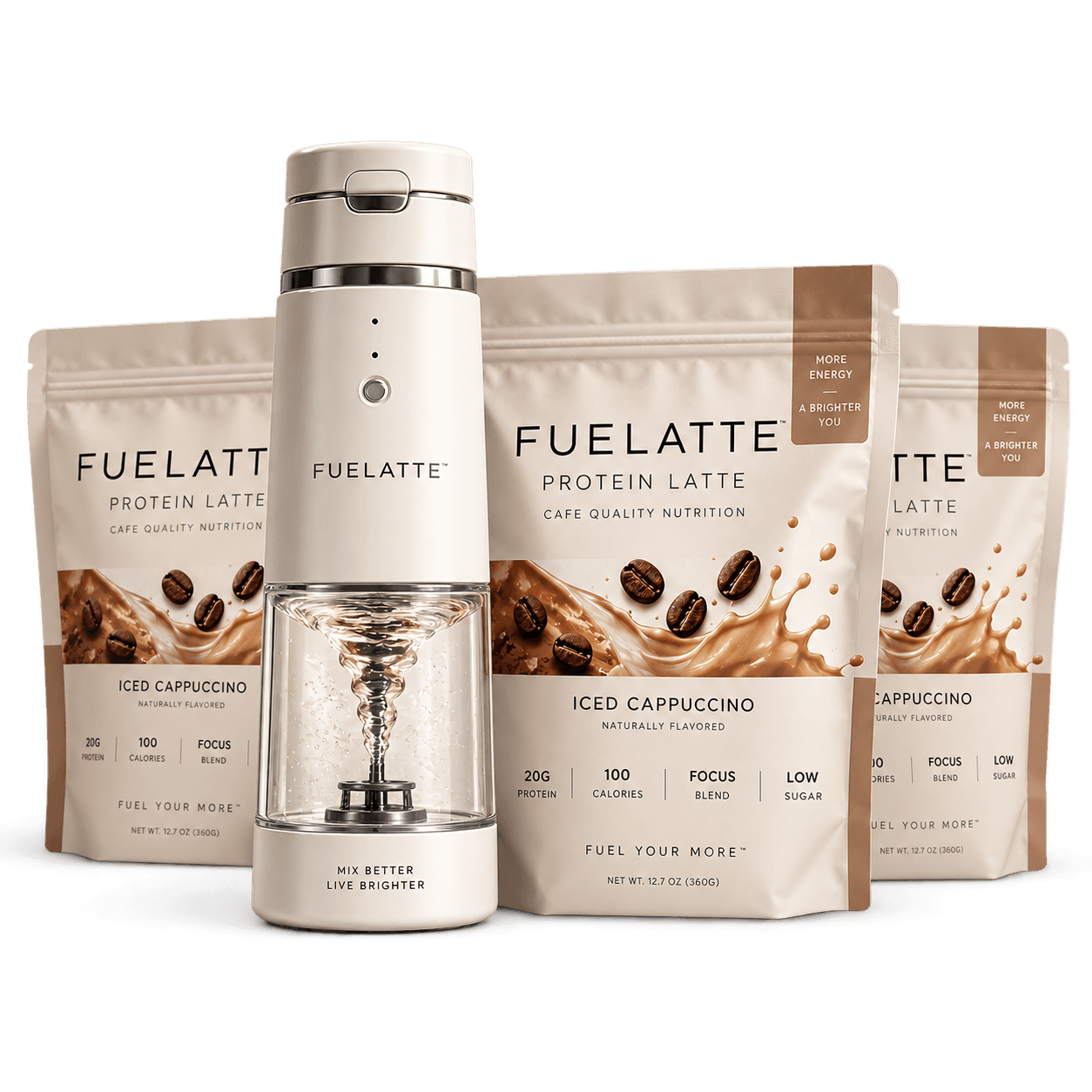 FUELATTE electric mixer standing in front of Iced Cappuccino Protein Latte pouches
