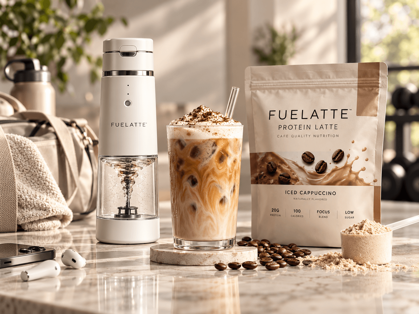 Morning counter with the FUELATTE mixer, an iced protein latte, a pouch of Iced Cappuccino and a gym bag