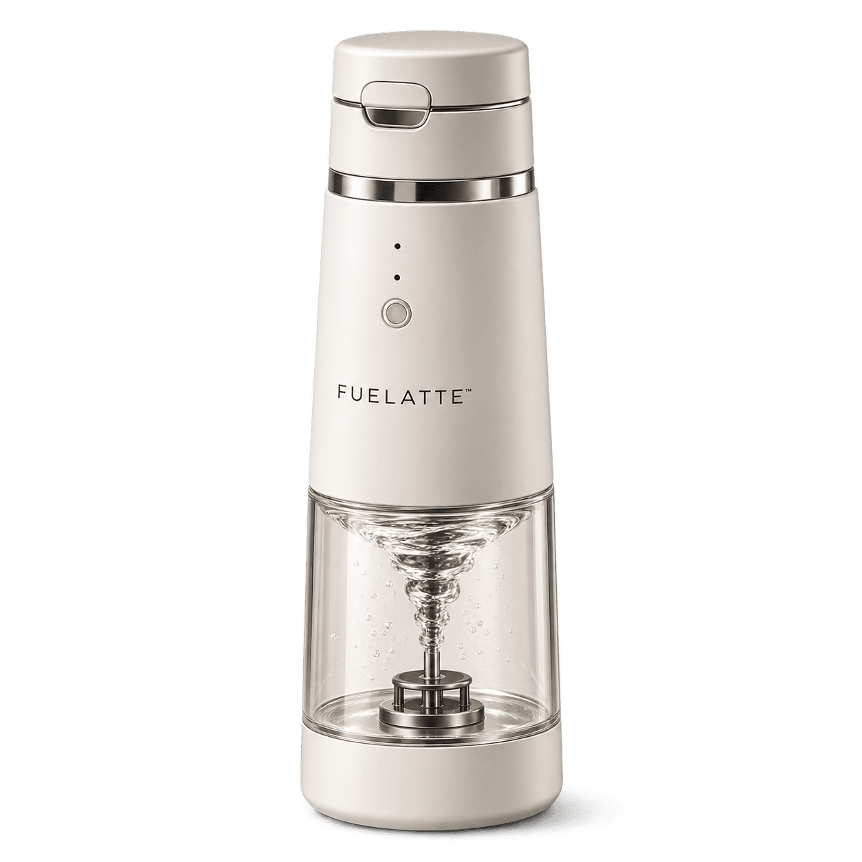 FUELATTE rechargeable electric mixer in warm white with a clear vortex mixing chamber