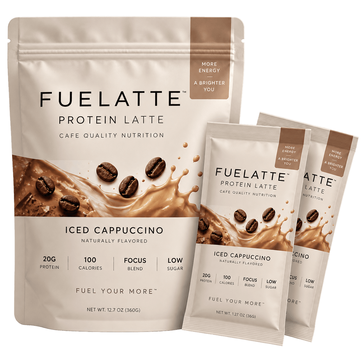 FUELATTE Iced Cappuccino Protein Latte pouch with two single-serve stick packs