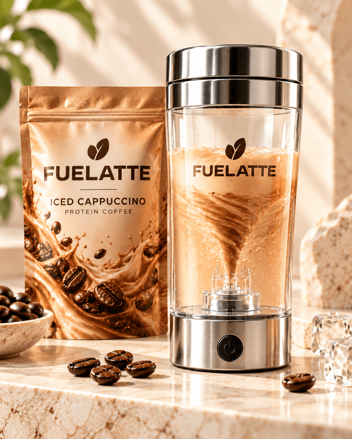 FUELATTE Iced Cappuccino packet, mixer and iced protein coffee product concept