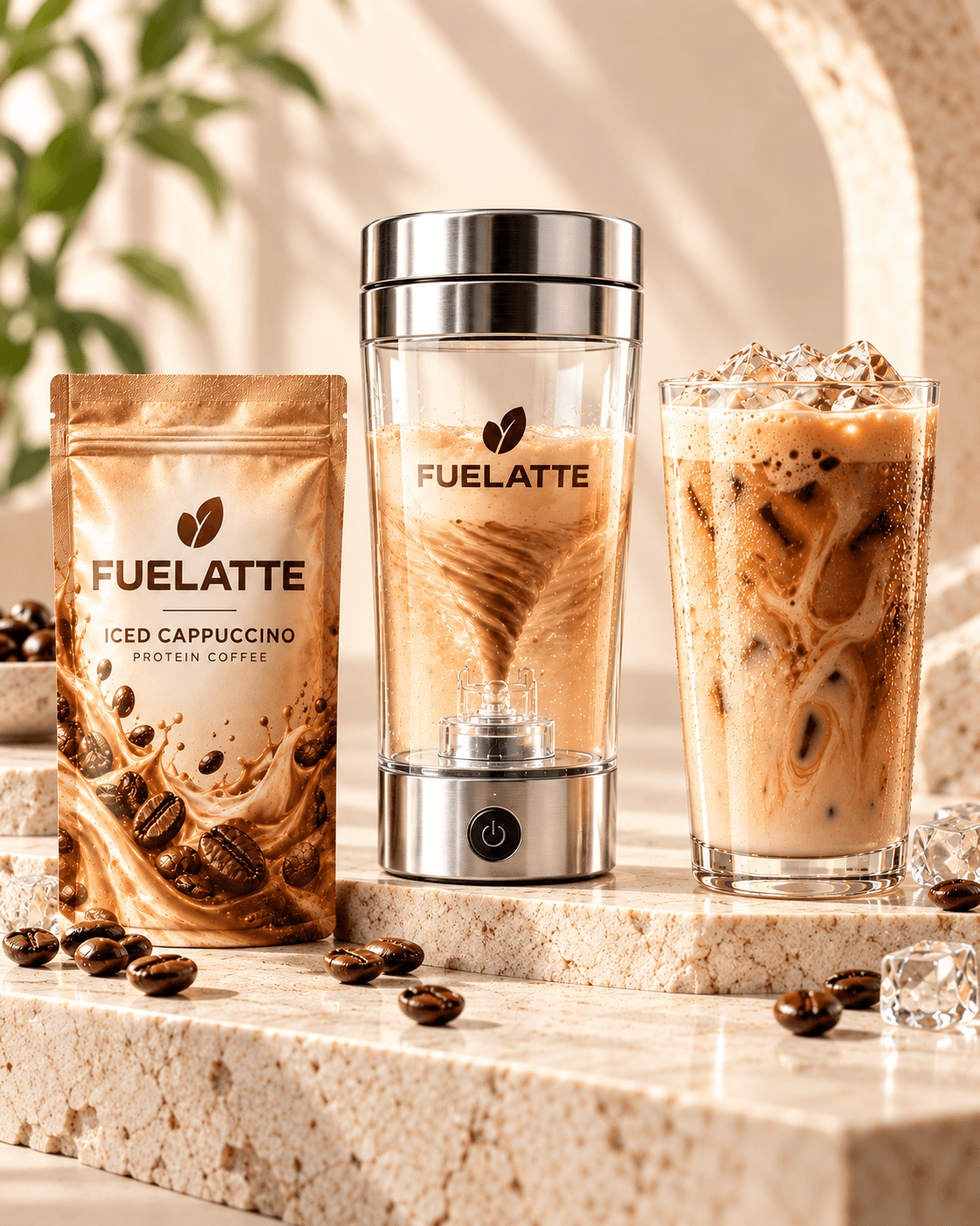 FUELATTE clear electric self-stirring mug with stainless steel lid and base, mixing Iced Cappuccino