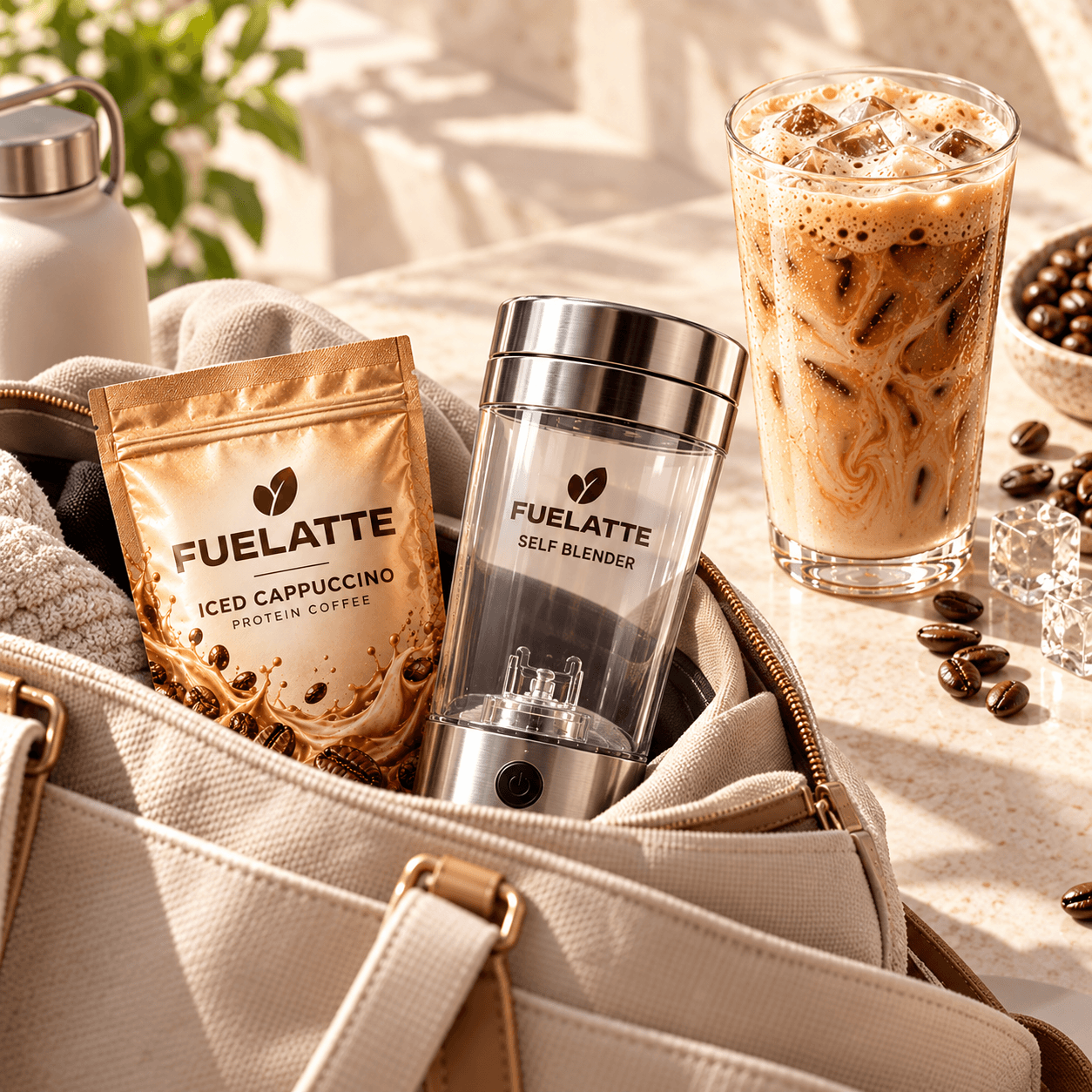 Sunlit FUELATTE Iced Cappuccino coffee workspace