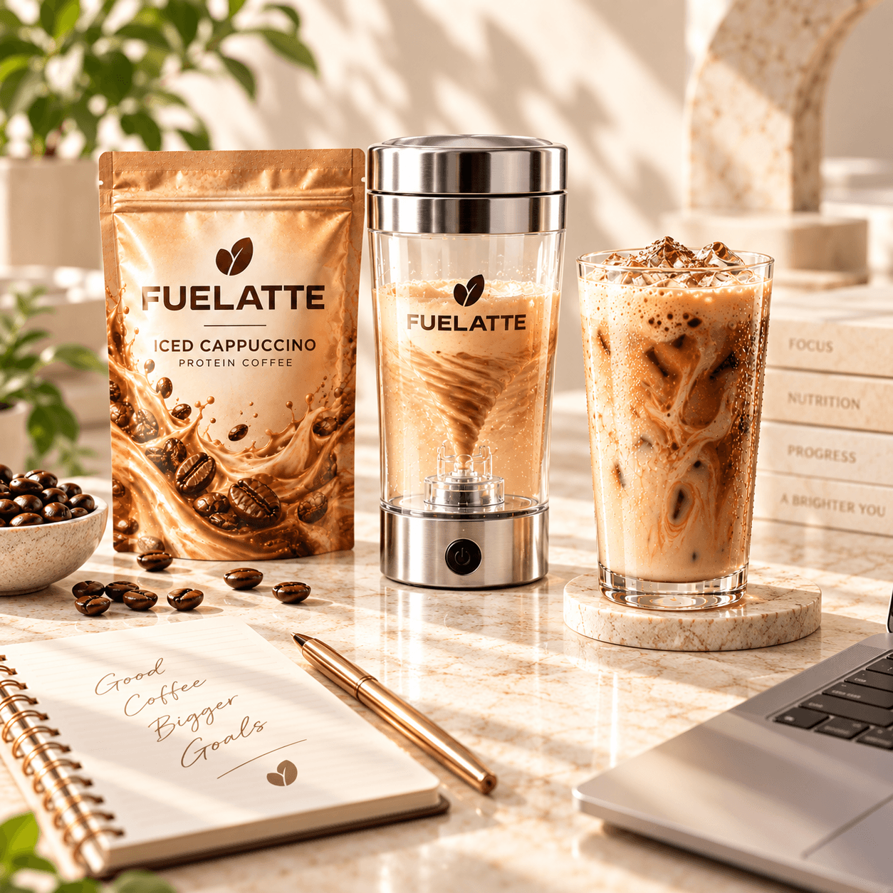 FUELATTE Iced Cappuccino sachet and portable mixer packed for the day