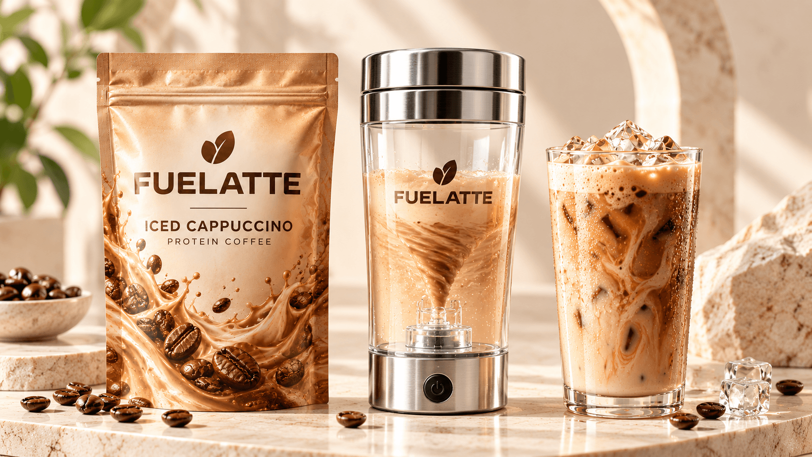 FUELATTE Starter Bundle concept with Iced Cappuccino sachet and electric self-stirring mug