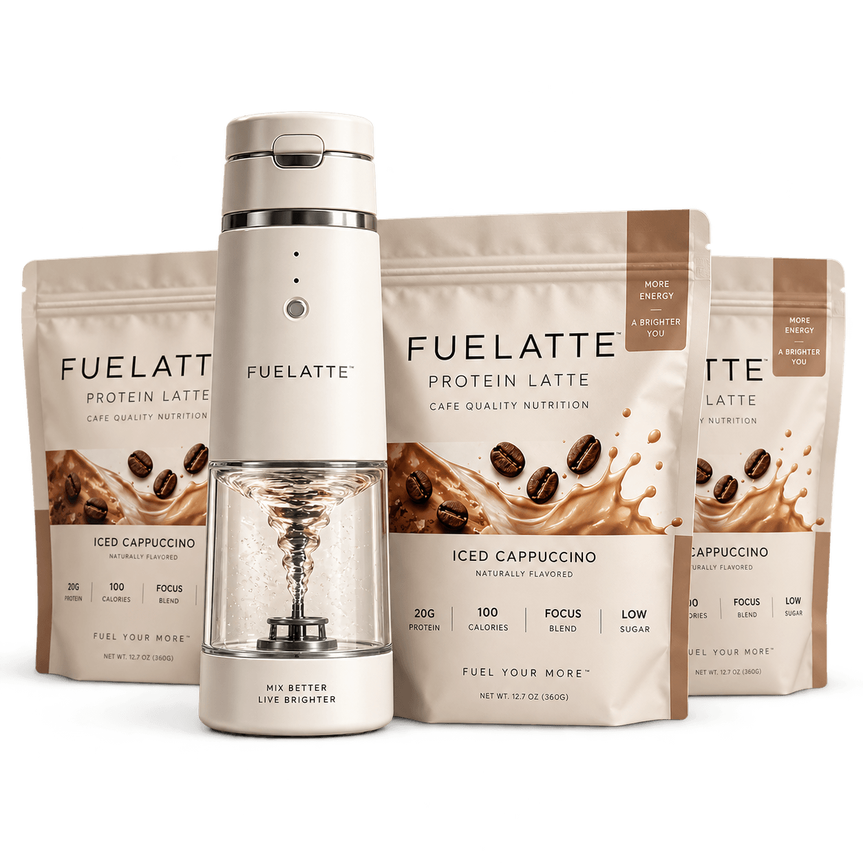 FUELATTE electric mixer standing in front of Iced Cappuccino Protein Latte pouches