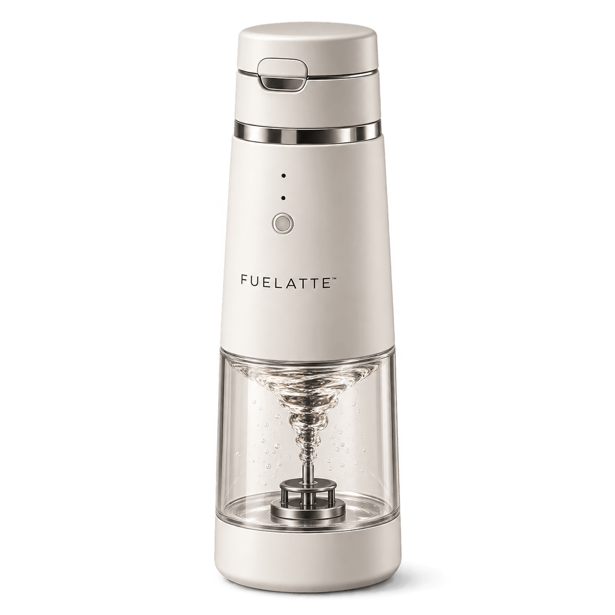 FUELATTE rechargeable electric mixer in warm white with a clear vortex mixing chamber