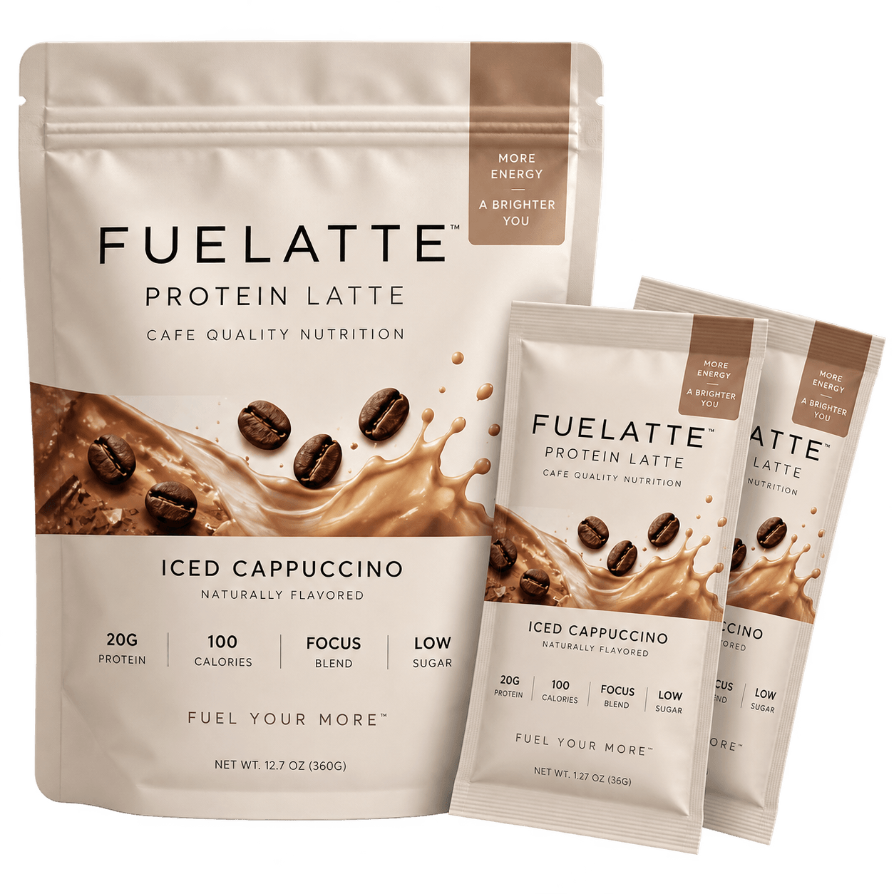 FUELATTE Iced Cappuccino Protein Latte pouch with two single-serve stick packs