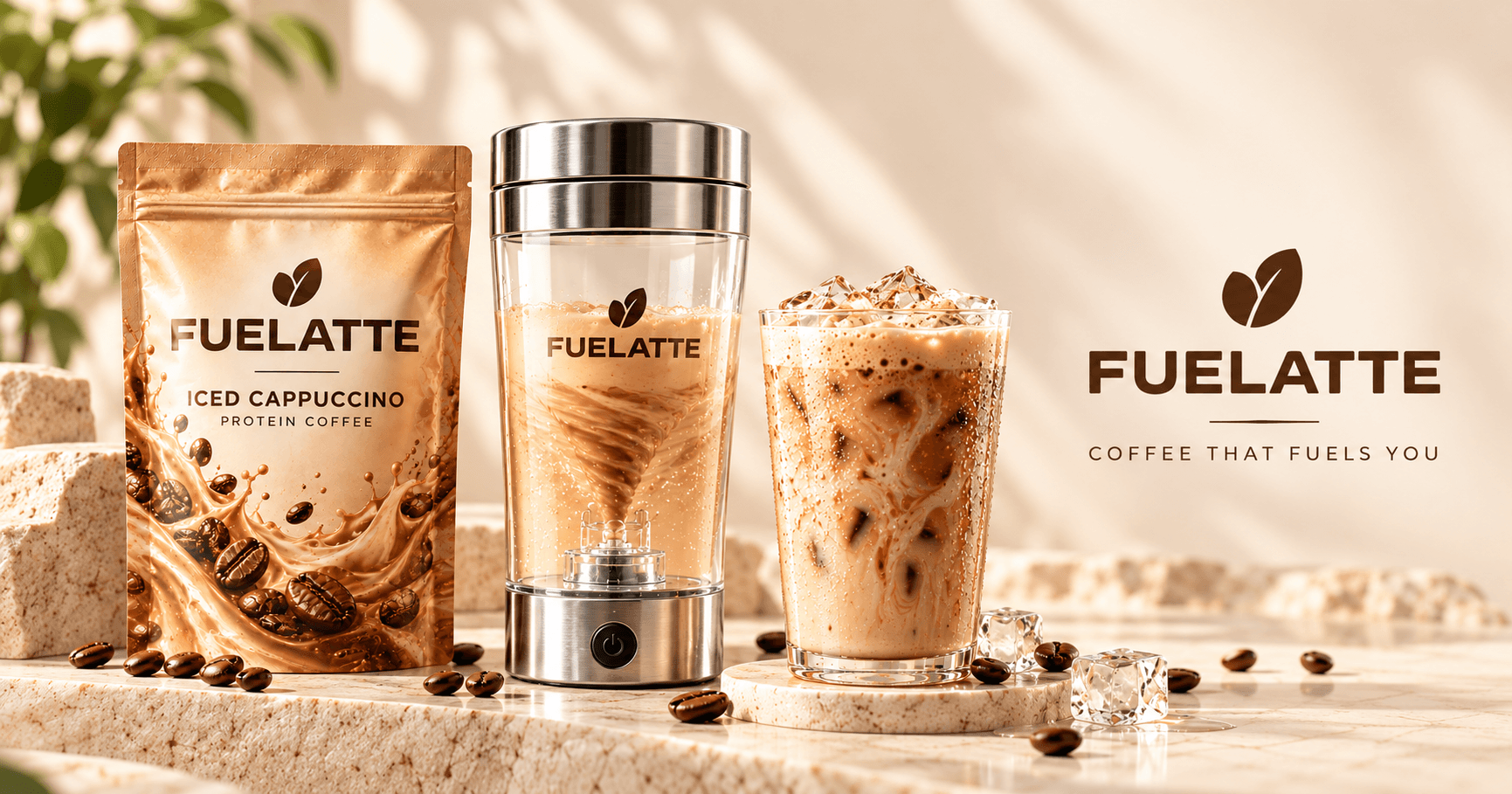 FUELATTE Iced Cappuccino single-serving packet, electric self-stirring mixer and prepared iced coffee