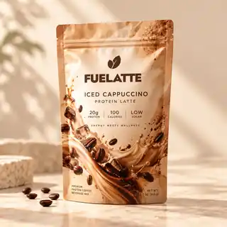 Standalone FUELATTE Iced Cappuccino packaging concept on a warm café backdrop